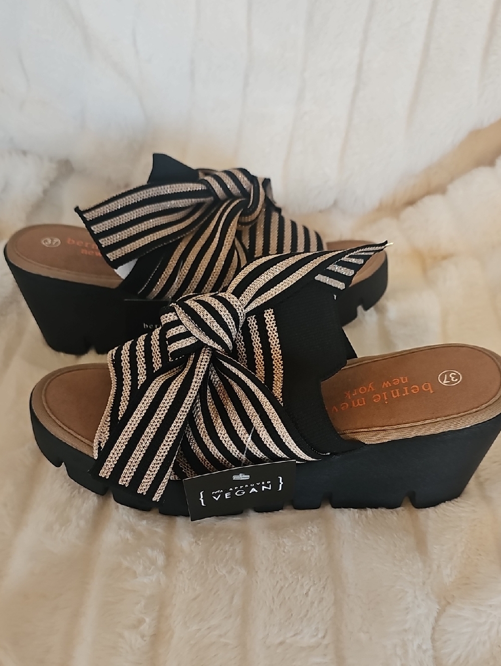 bernie mev. Black & Cream Striped Knot Platform Mules